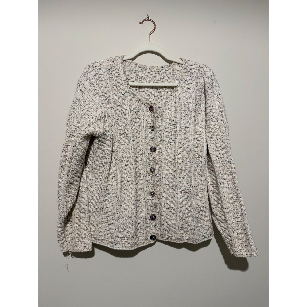 Vintage Cream Confetti Cable Knit Cardigan Sweater Button Up Chunky Flecked